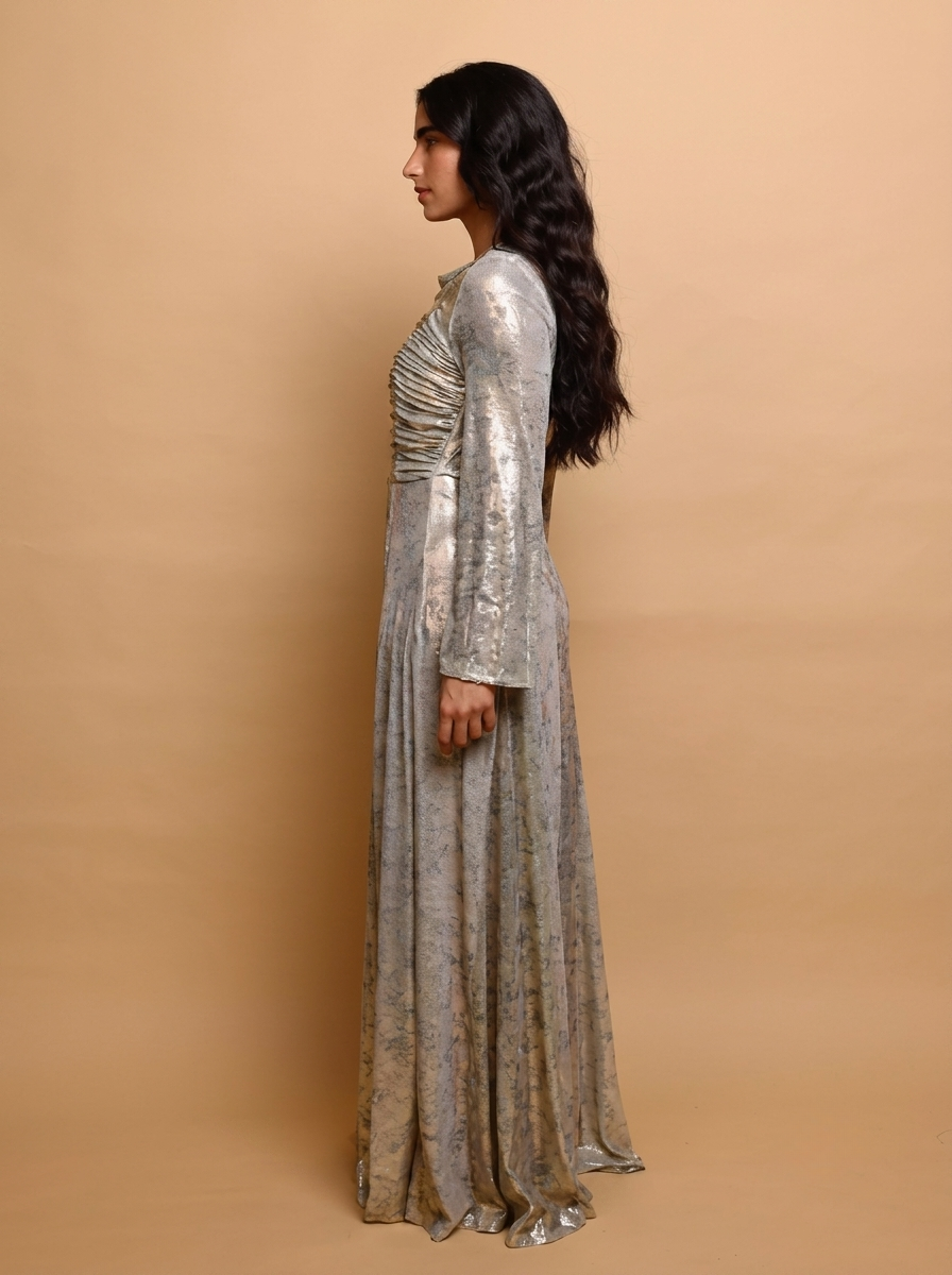 Ruched Metallic Halter Neck Women's Evening Fit & Flared Jalabiya