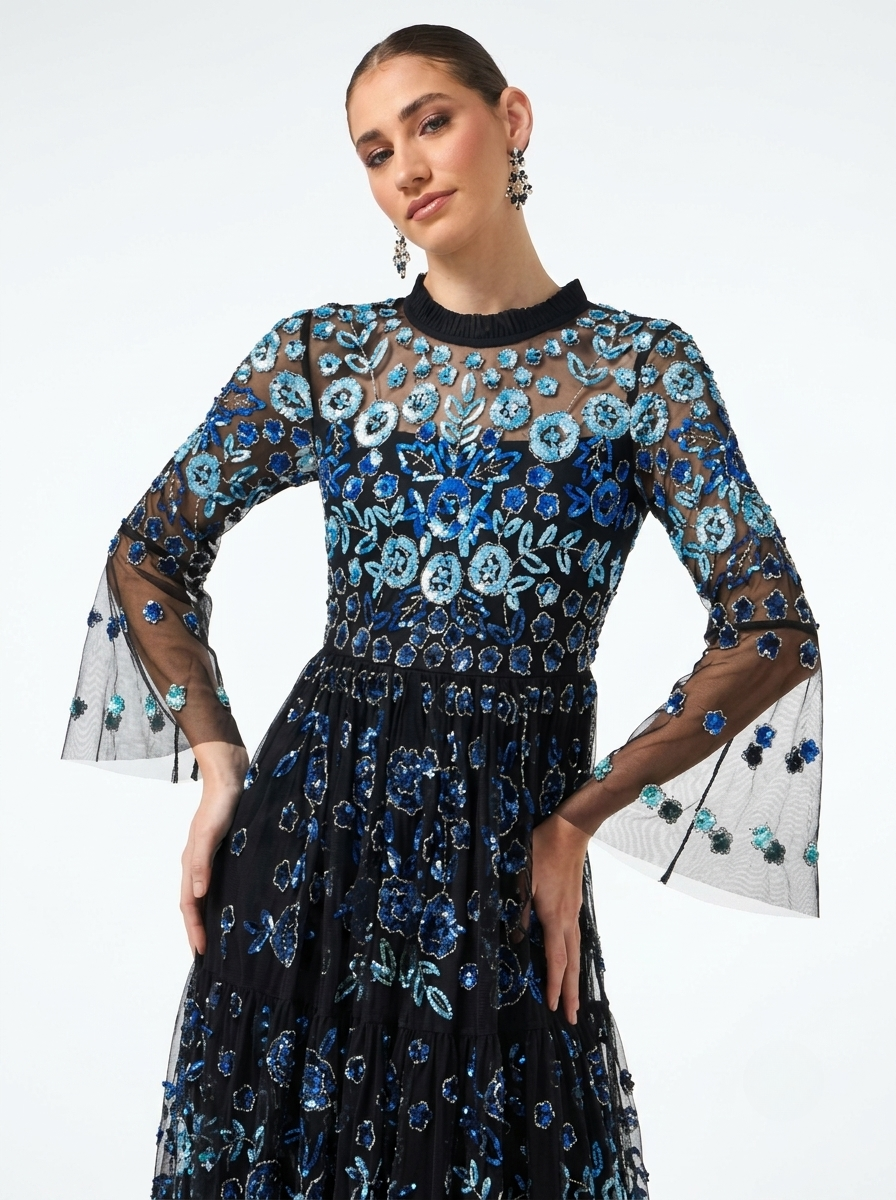 Black Sequined & Beaded Round Neck Bell Sleeves Slit Women's Evening Midi Dress