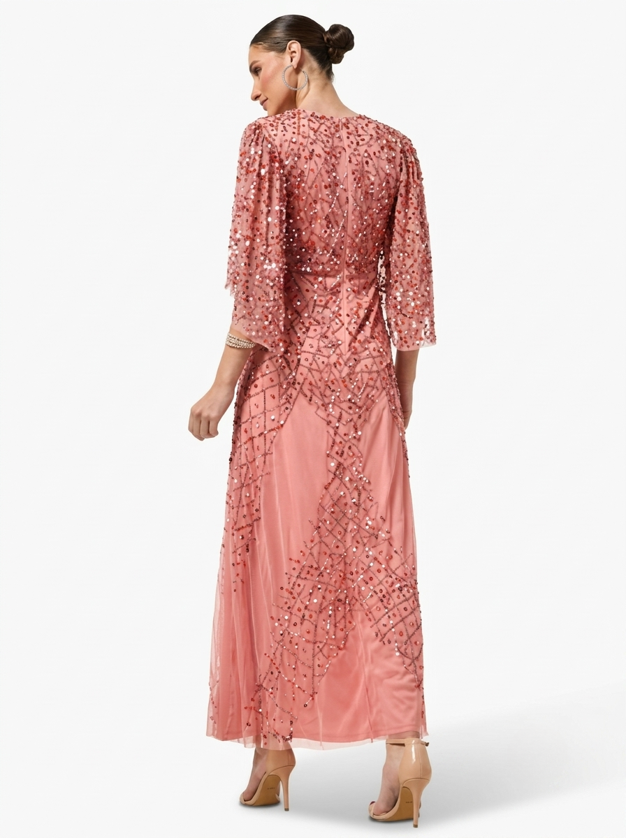 Pink Sequined & Beaded Surplice Neck Flared Sleeves Women's Evening Maxi Dress