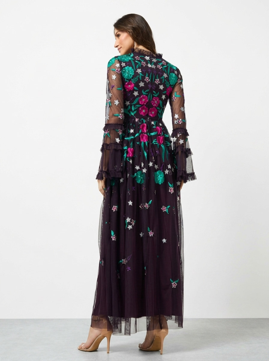 Purple Floral Embroidered Round Neck Bell Sleeves Flared Women's Evening Maxi Dress