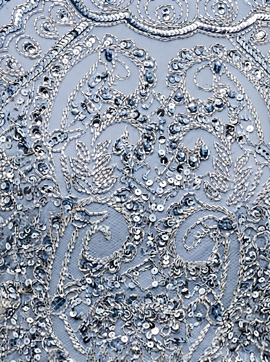 Grey Sequined & Beaded Raglan Sleeves Flared Women's Evening Maxi Dress