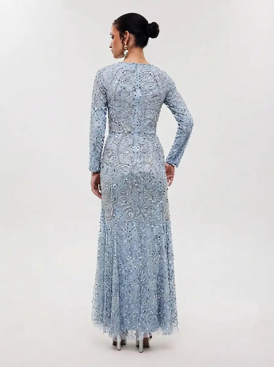 Grey Sequined & Beaded Raglan Sleeves Flared Women's Evening Maxi Dress