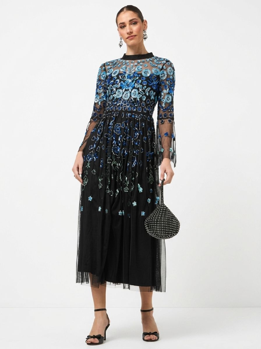 Black Sequined & Beaded Round Neck Bell Sleeves Slit Women's Evening Midi Dress