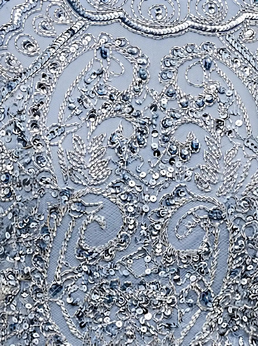Grey Sequined & Beaded Raglan Sleeves Flared Women's Evening Maxi Dress
