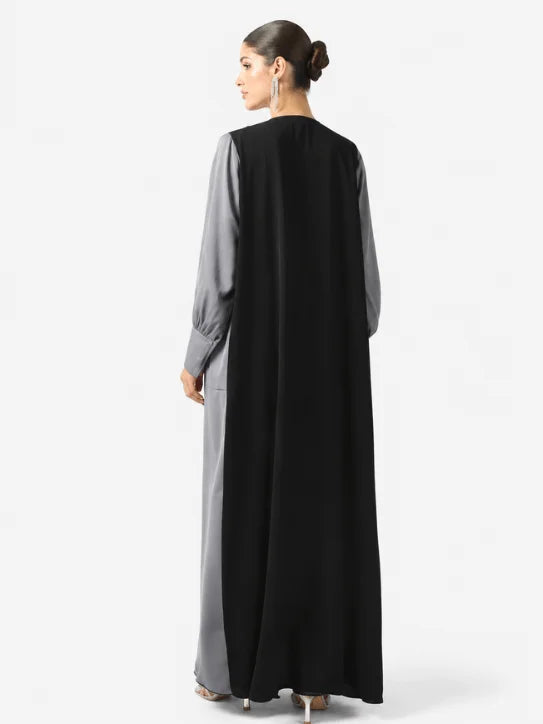 Women’s Elegant Black & Grey Color-Block Abaya with Matching Hijab