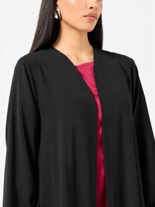 Elegant Black Open Abaya with Magenta Inner Dress