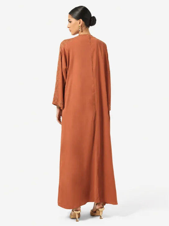 Elegant Rust Embroidered Long Robe & Wide-Leg Formal Ensemble Abaya