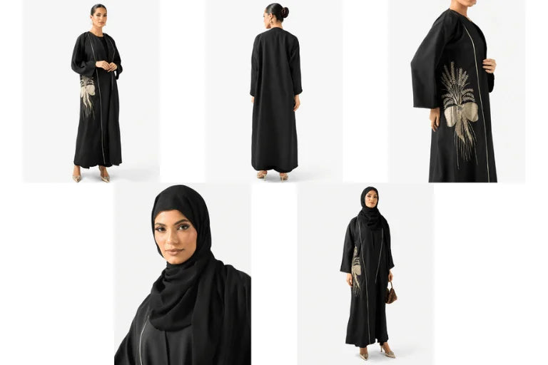 Luxury Black Abaya with Gold Embroidery & Fine Piping