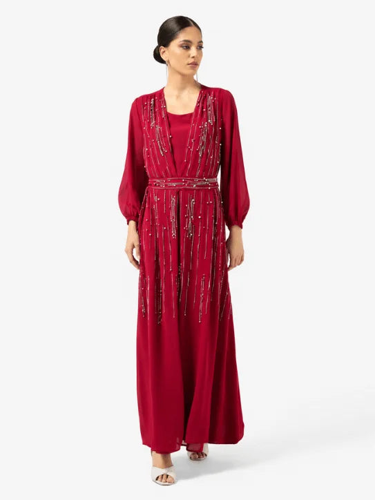 Women’s Burgundy Embellished Maxi Dress with Belt & Sheer Sleeves