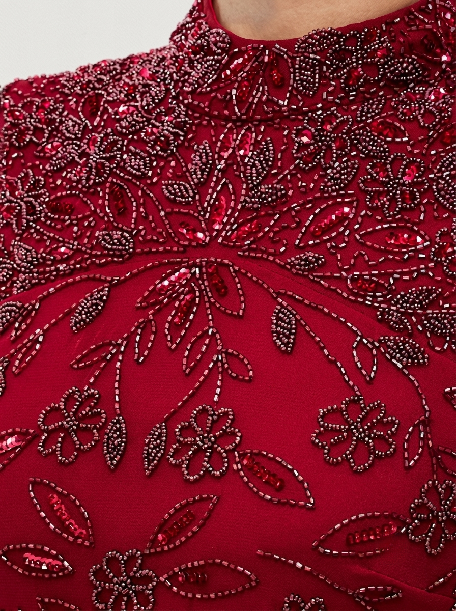 Maroon Beaded Tulle High Neck Flared Sleeves Sheath Women's Evening Maxi Dress