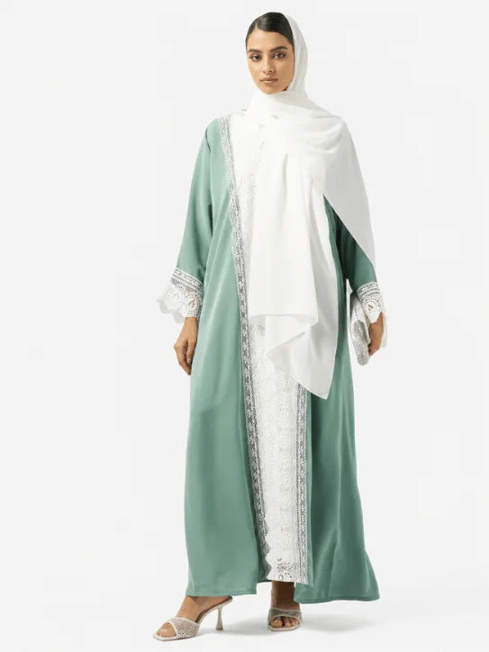 Elegant Sage Green Abaya with White Lace Embroidery & Matching Hijab
