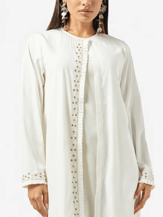 Elegant Ivory Abaya with Pearl Embroidery & Embellished Cuffs