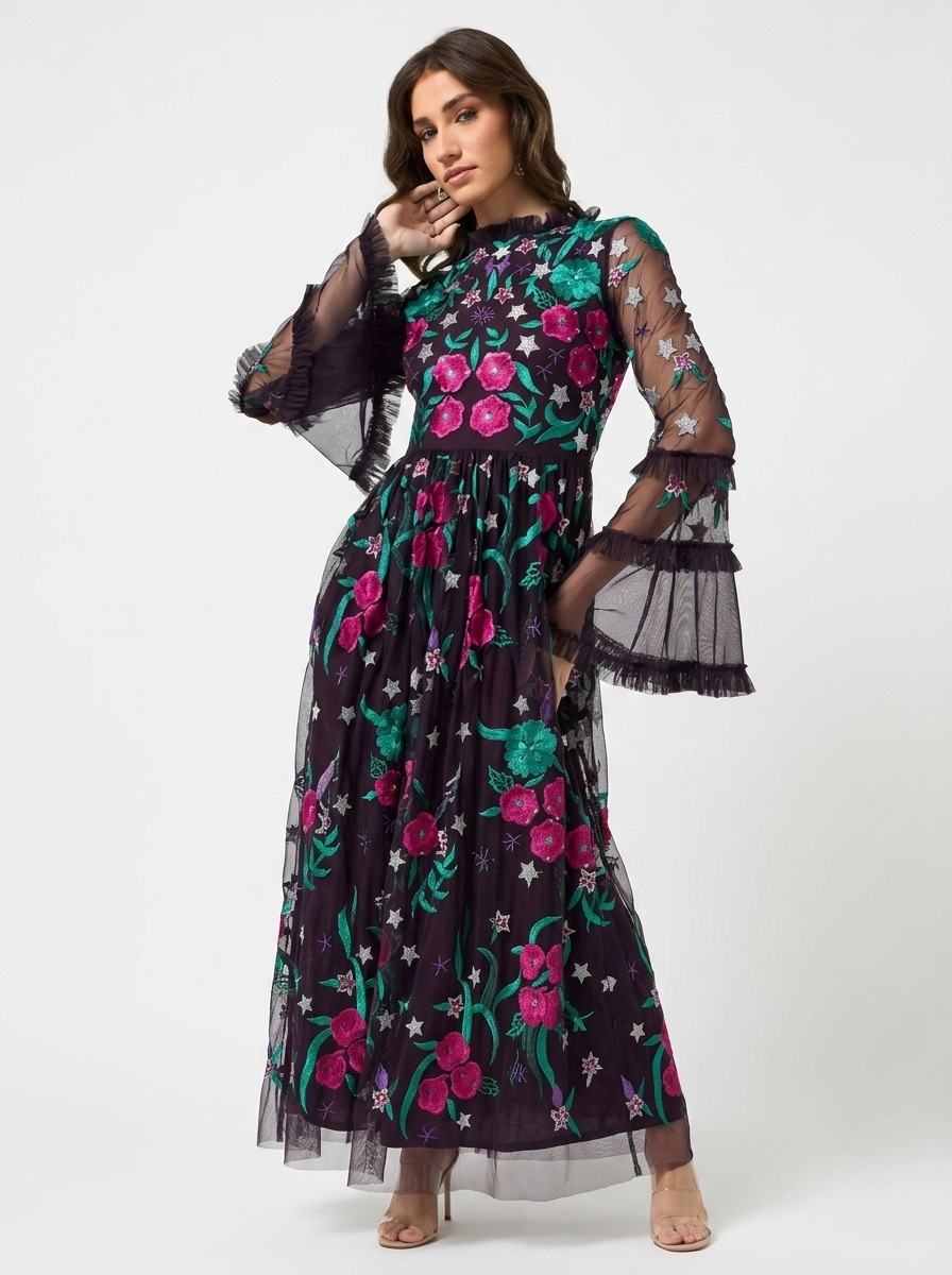 Purple Floral Embroidered Round Neck Bell Sleeves Flared Women's Evening Maxi Dress
