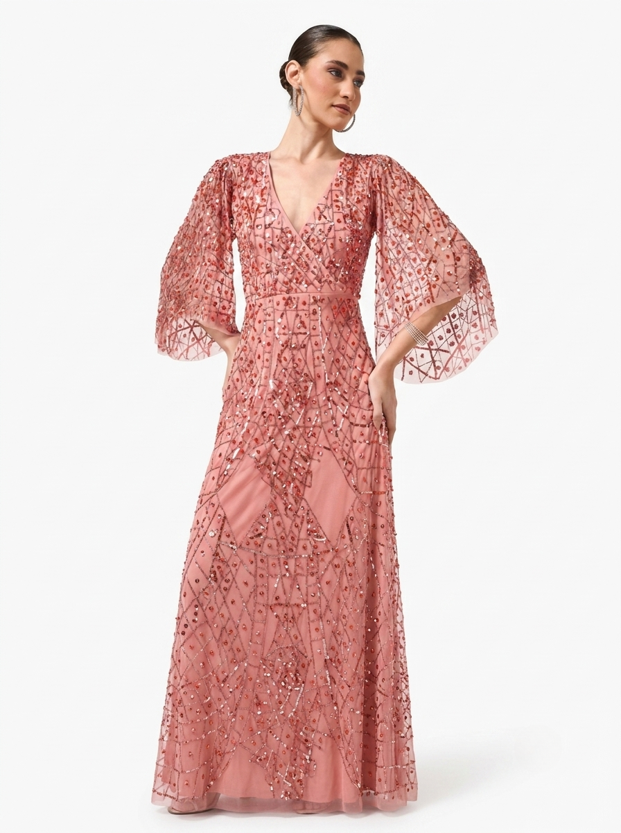 Pink Sequined & Beaded Surplice Neck Flared Sleeves Women's Evening Maxi Dress