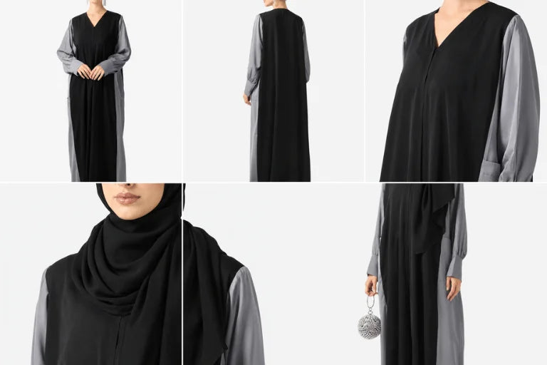 Women’s Elegant Black & Grey Color-Block Abaya with Matching Hijab