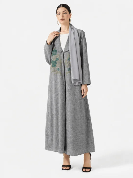 Grey Floral Embroidered Abaya