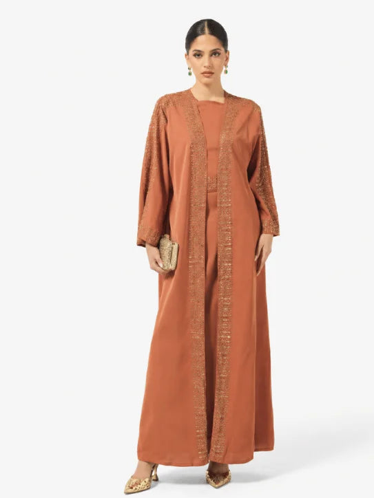 Elegant Rust Embroidered Long Robe & Wide-Leg Formal Ensemble Abaya