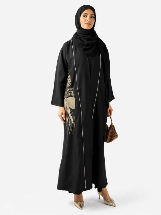 Luxury Black Abaya with Gold Embroidery & Fine Piping
