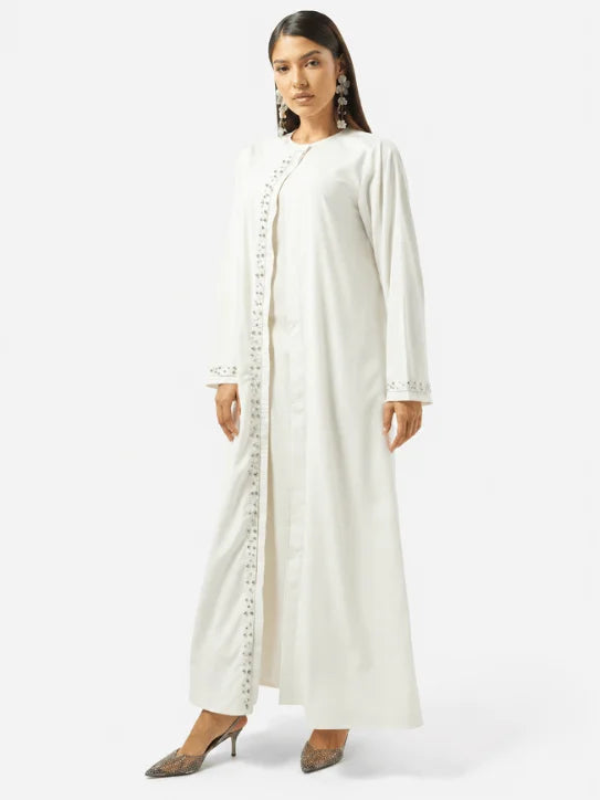 Elegant Ivory Abaya with Pearl Embroidery & Embellished Cuffs