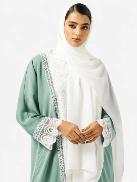 Elegant Sage Green Abaya with White Lace Embroidery & Matching Hijab