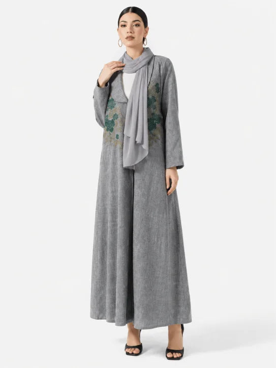 Grey Floral Embroidered Abaya
