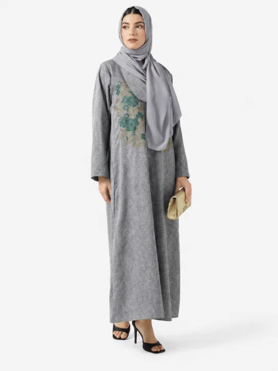 Grey Floral Embroidered Abaya