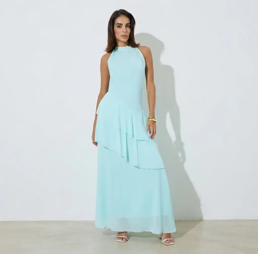 Aqua Sleeveless Ruched A-Line Maxi Dress
