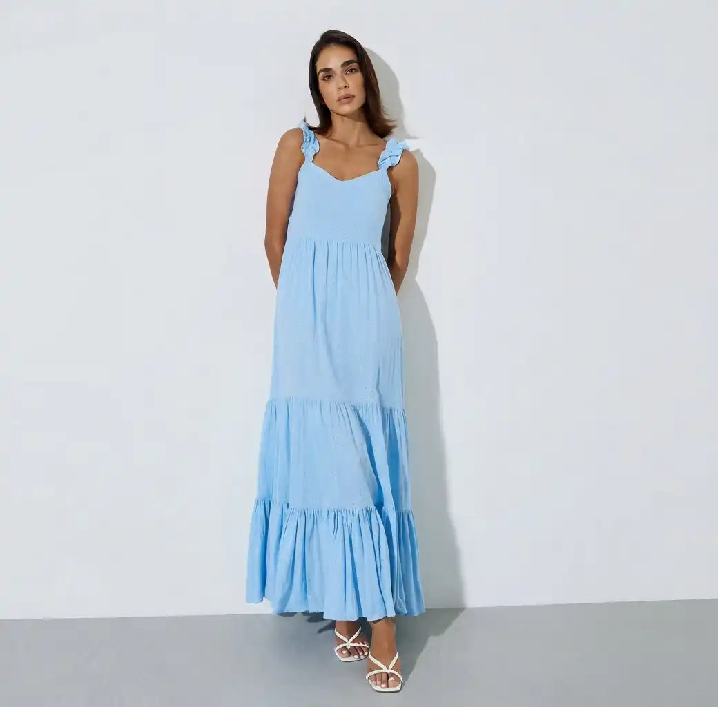 Blue Ruffle Strap Schiffli Tiered Maxi Dress