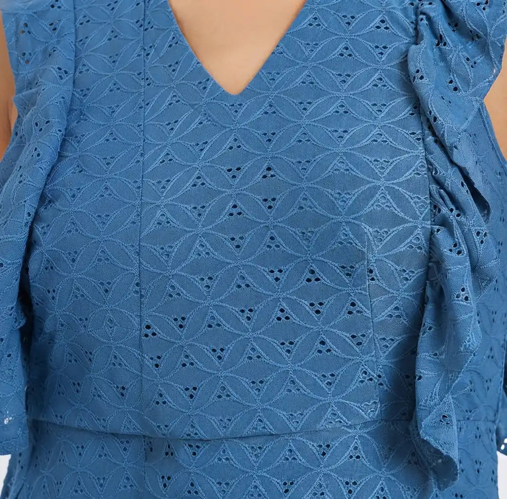 Blue Ruffle Detail Eyelet Tiered Maxi Dress