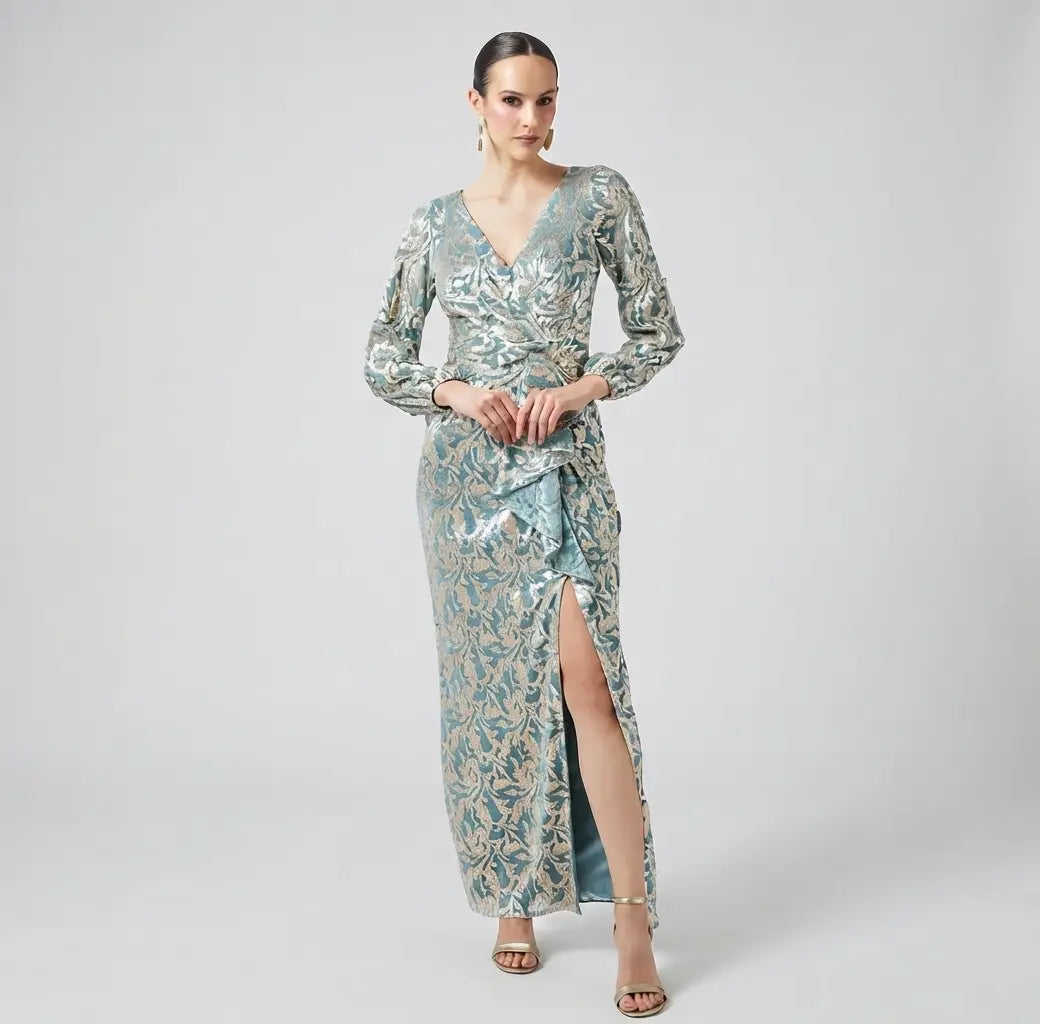 Metallic Crinkle Gown Dress