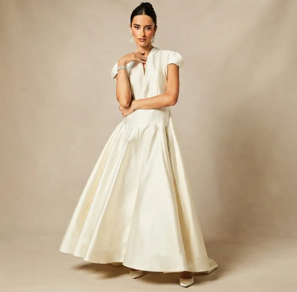 Tiana Cap Sleeve V-Neck Satin Midi Dress