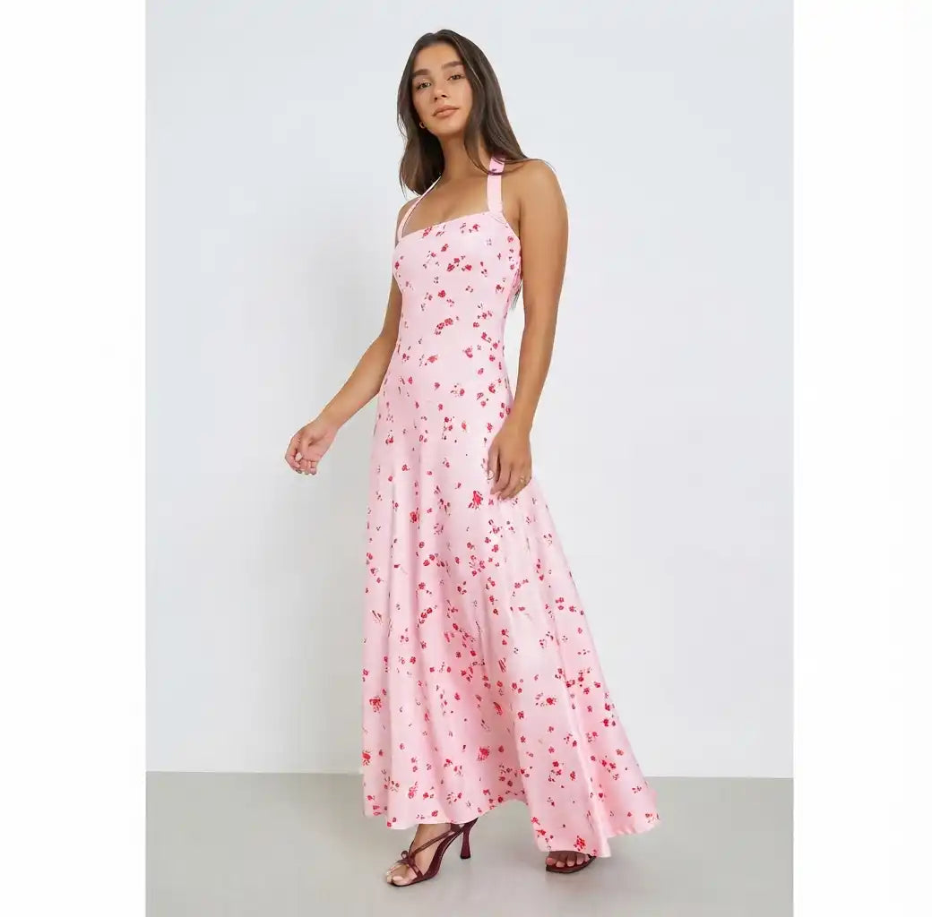 Pink Floral Halter Neck Maxi Dress