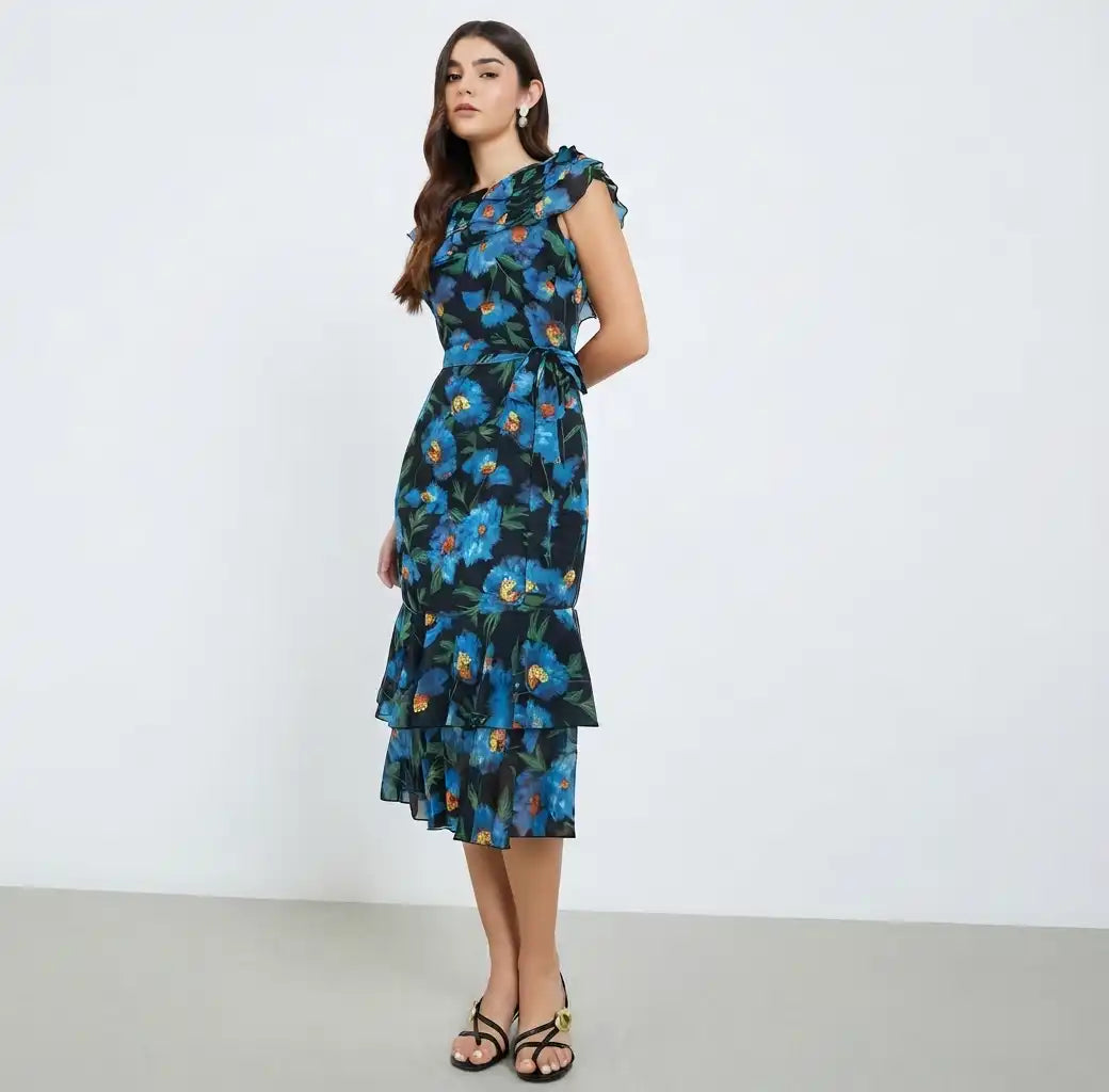 Women Floral Print Frill Sleeves Sheath Midi Dress