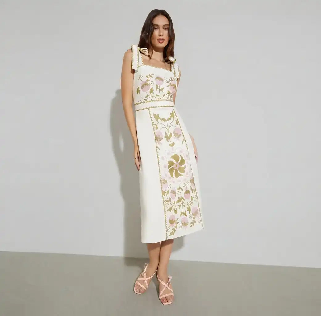 White Floral Midi Dress with Tie-Strap