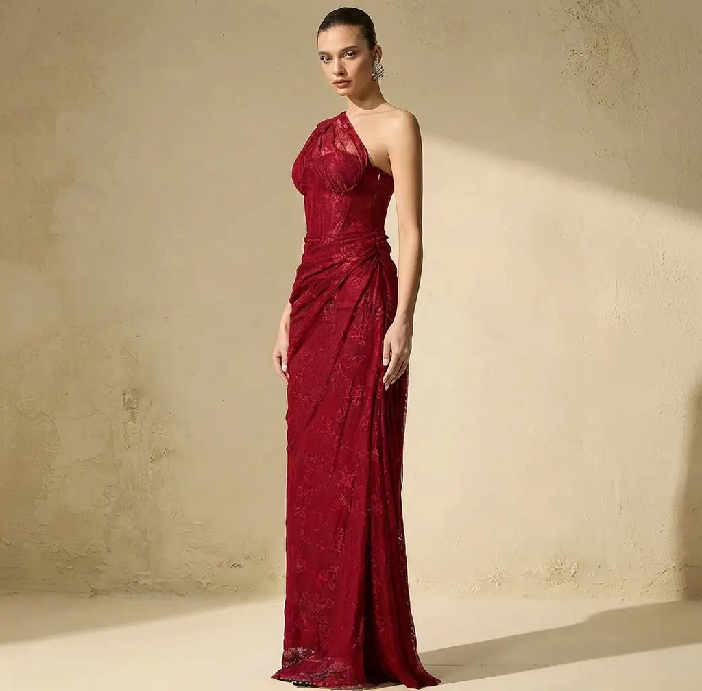 Quite Perfect Red One-Shoulder Lace Corset Maxi Dress