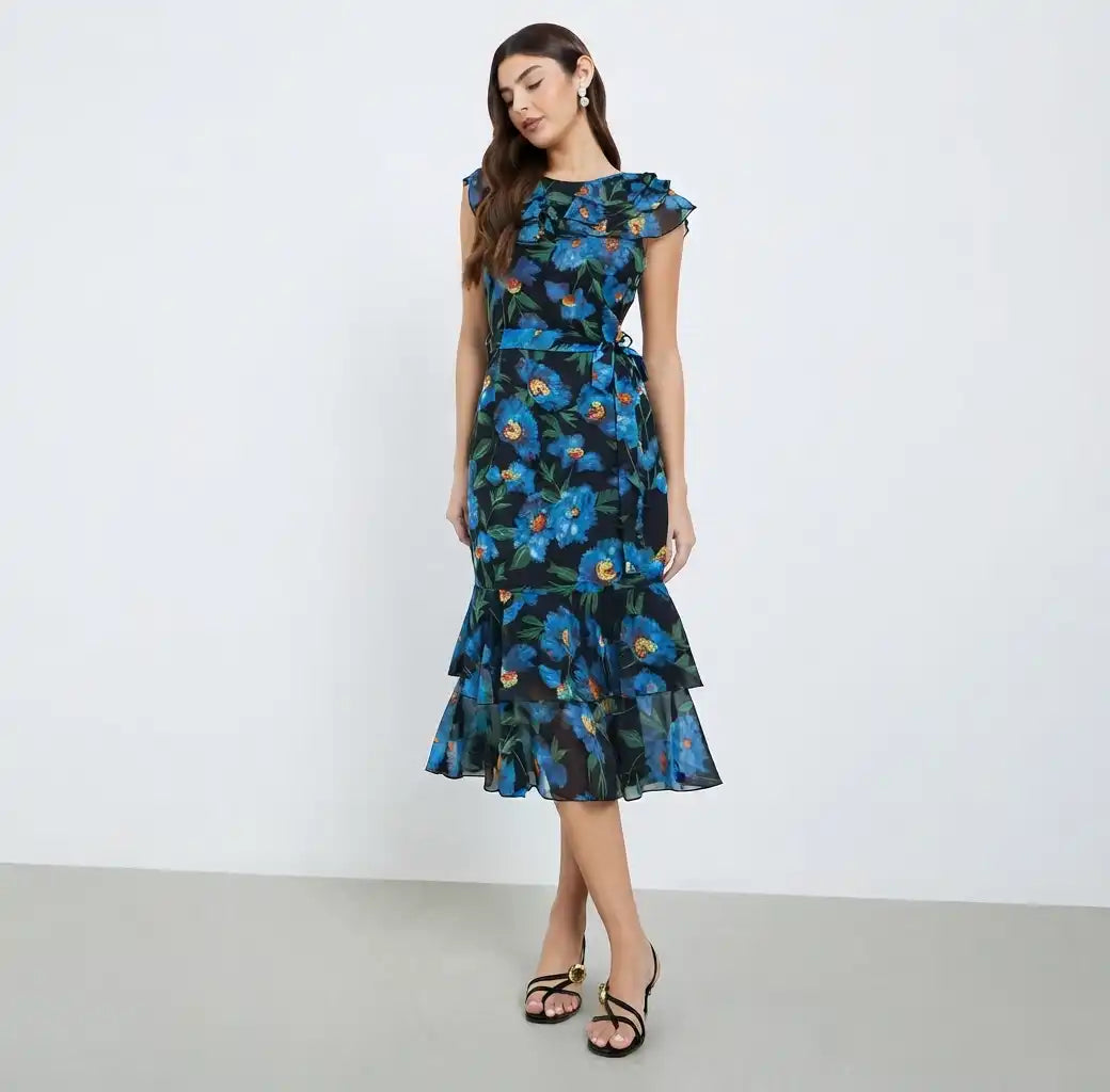Women Floral Print Frill Sleeves Sheath Midi Dress