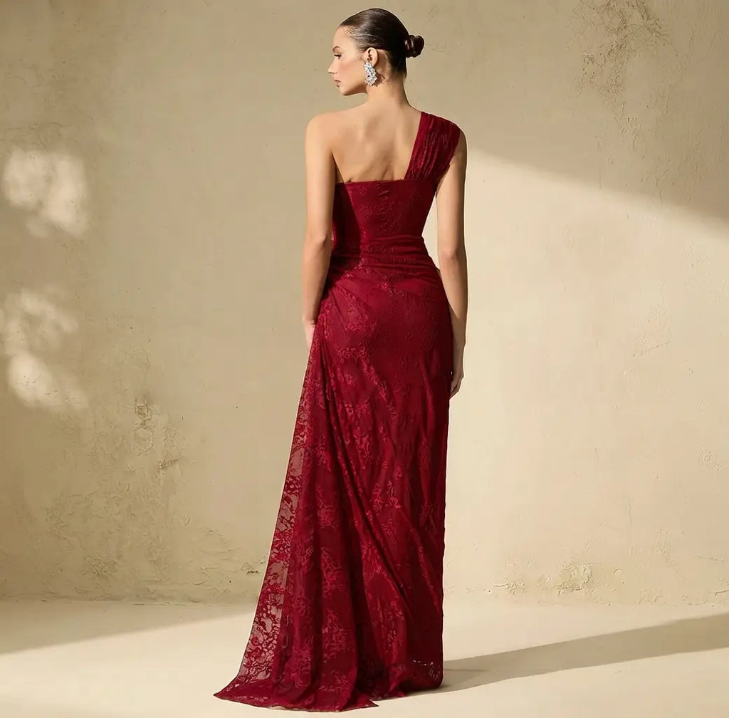Quite Perfect Red One-Shoulder Lace Corset Maxi Dress