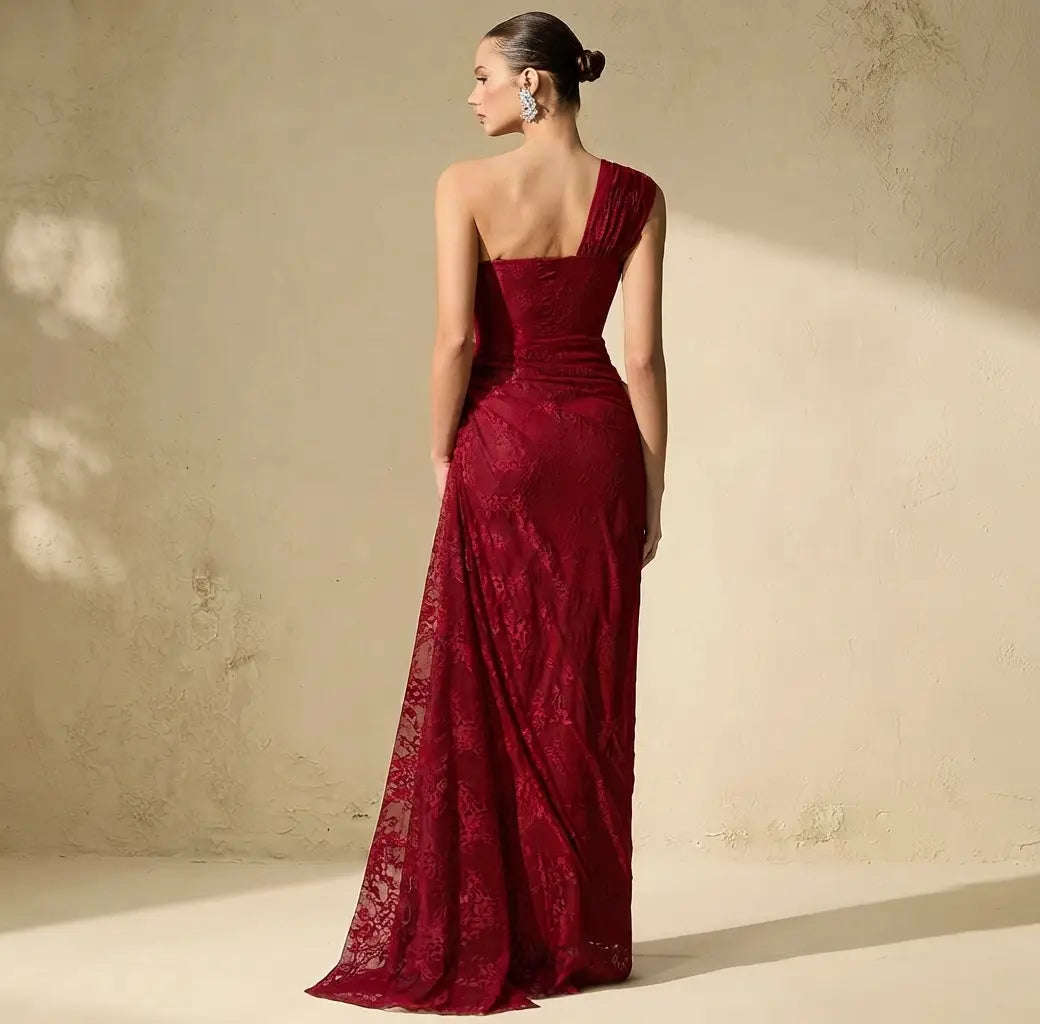 Quite Perfect Red One-Shoulder Lace Corset Maxi Dress
