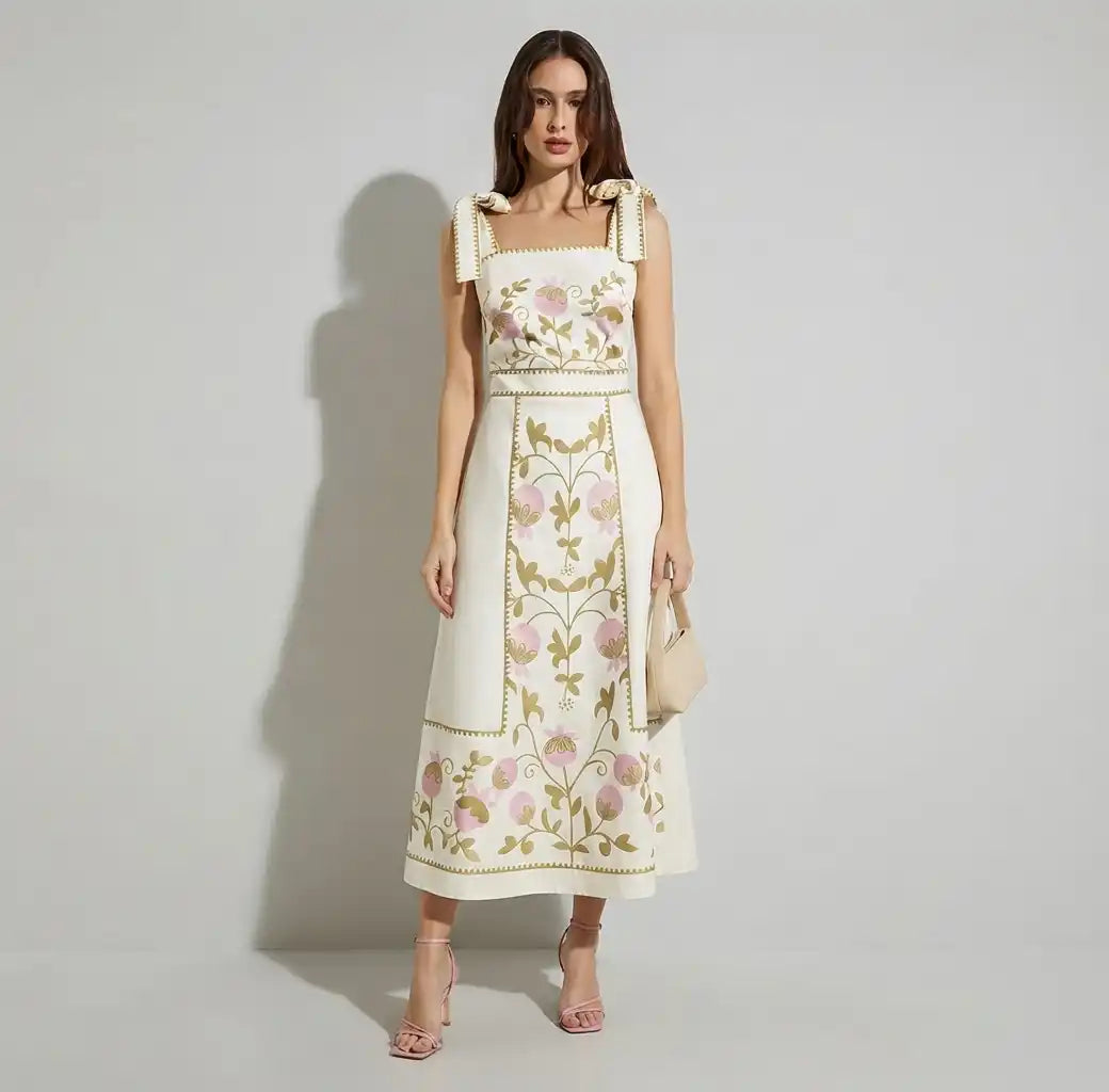 White Floral Midi Dress with Tie-Strap