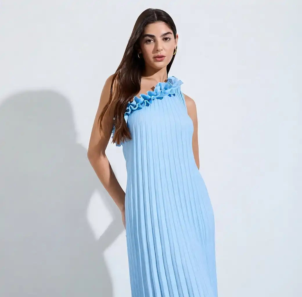 Blue One-Shoulder Pleated Maxi Dress