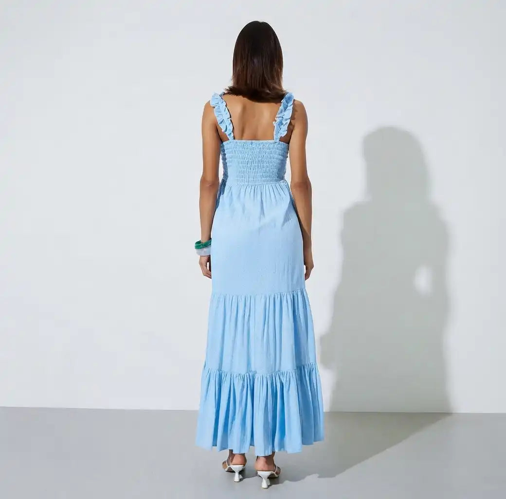 Blue Ruffle Strap Schiffli Tiered Maxi Dress