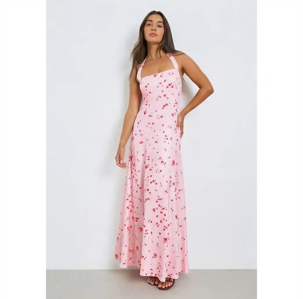 Pink Floral Halter Neck Maxi Dress