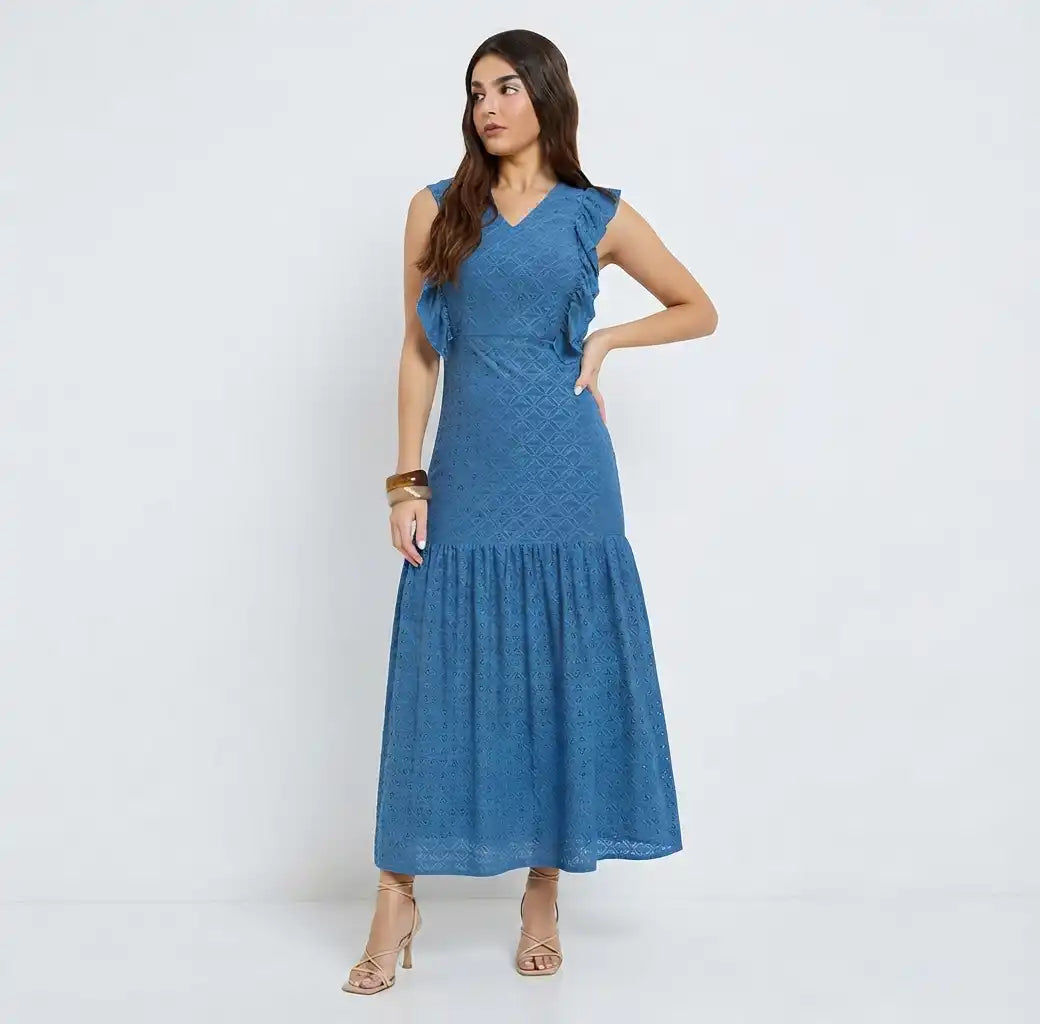 Blue Ruffle Detail Eyelet Tiered Maxi Dress