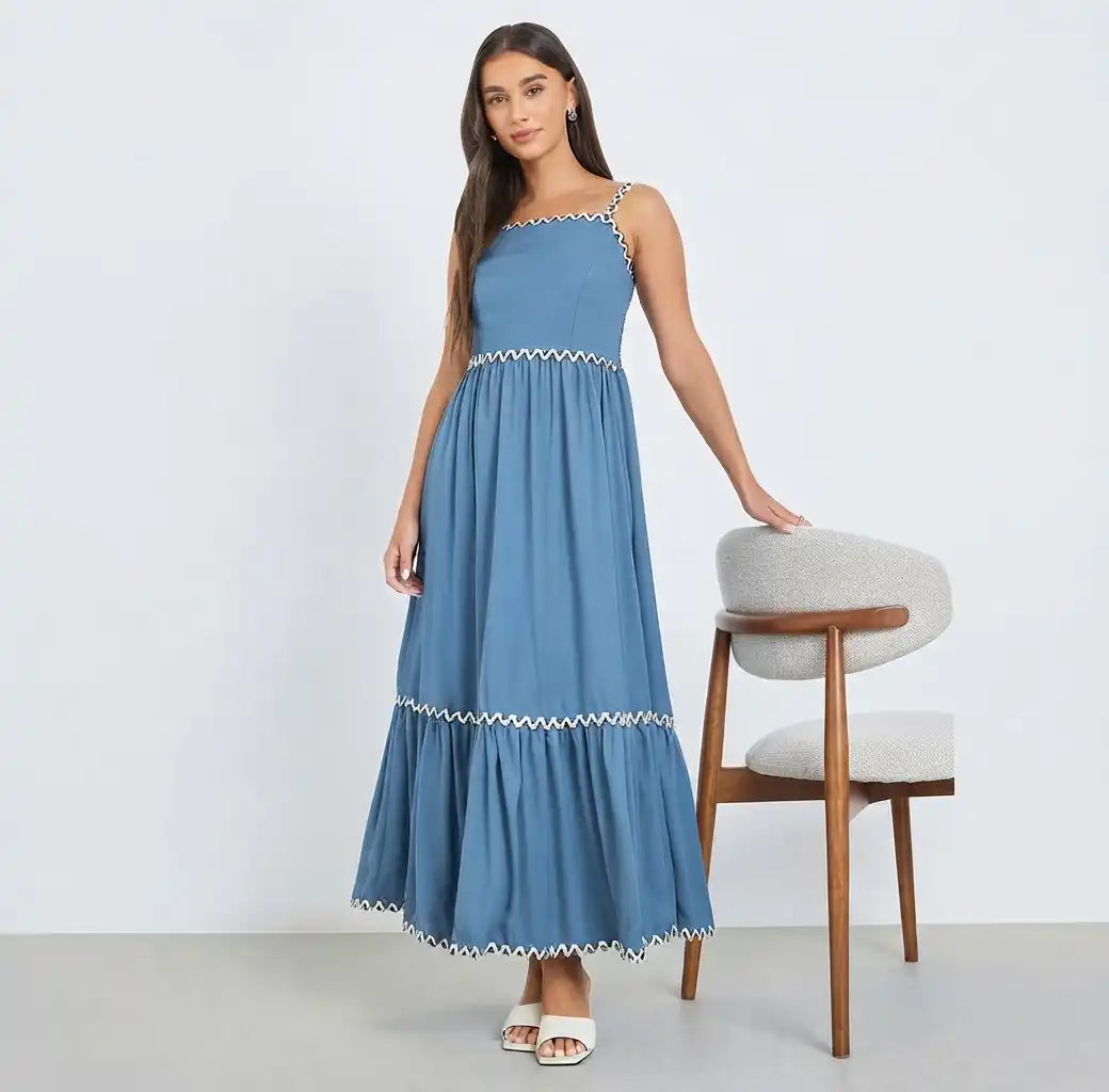 Blue Ric-Rac Trim Strappy Maxi Dress