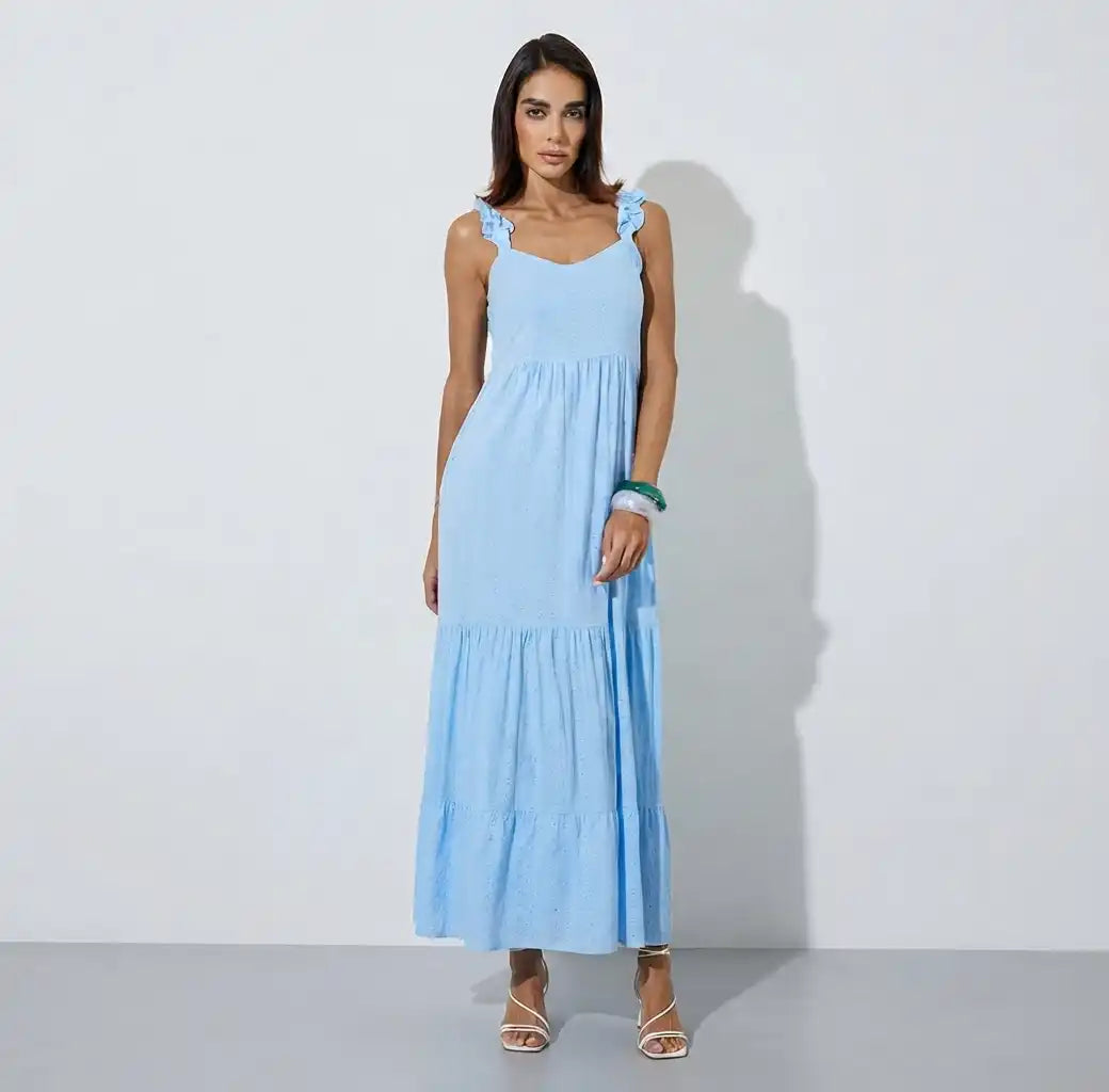 Blue Ruffle Strap Schiffli Tiered Maxi Dress