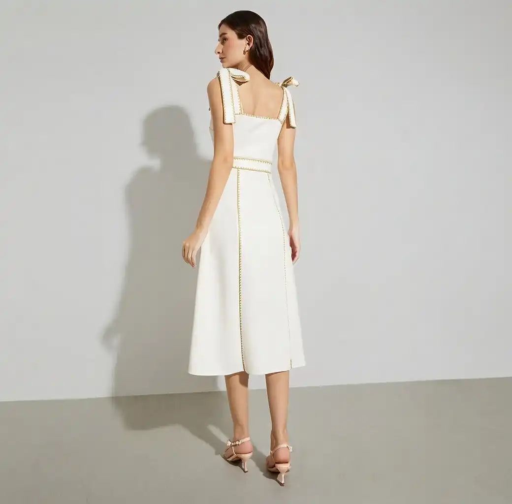 White Floral Midi Dress with Tie-Strap