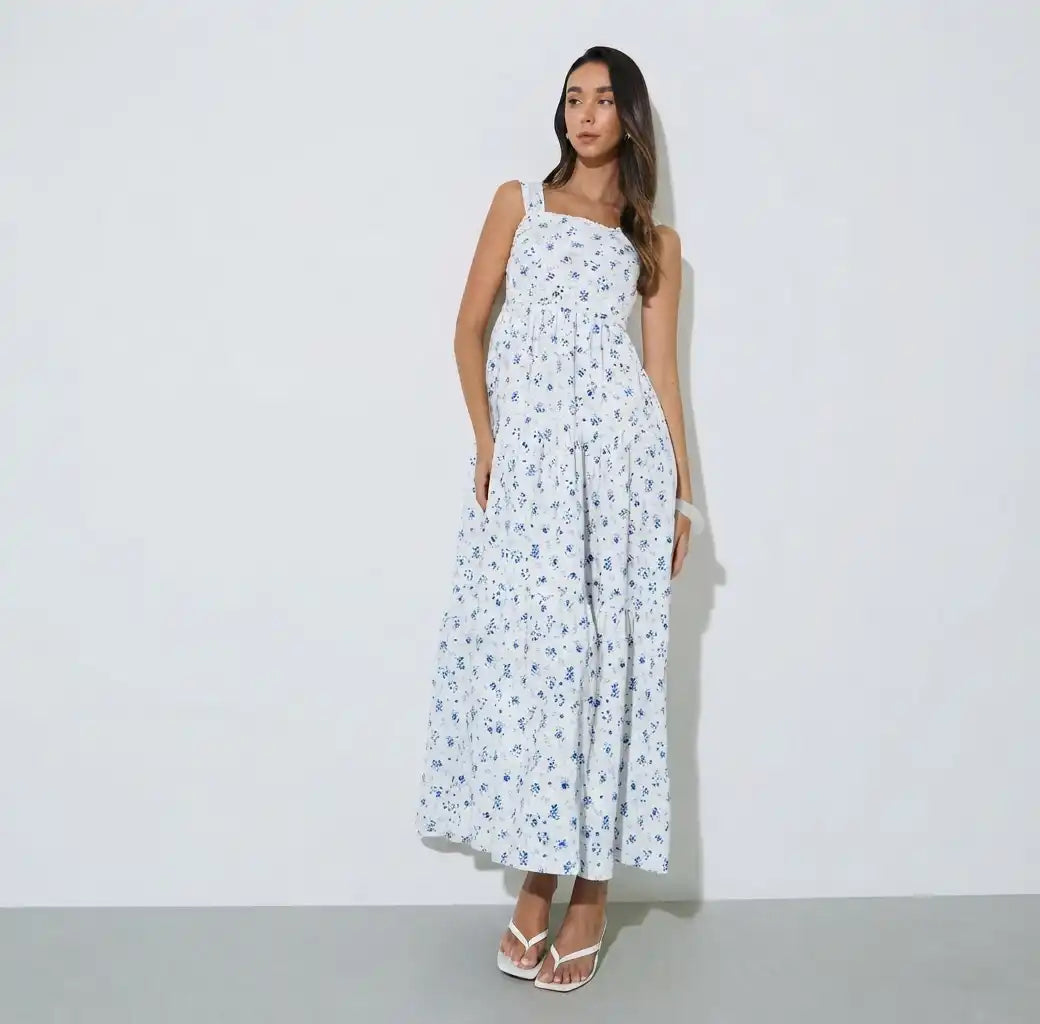 White Ditsy Print Sleeveless Tiered Maxi Dress