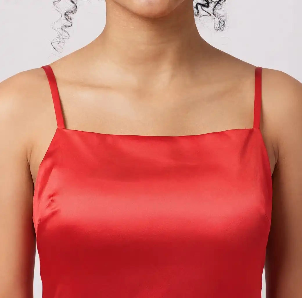 Women Red Solid Satin Asymmetric Hem Sheath Maxi Dress with Ruffle Detail