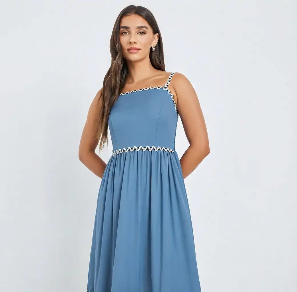Blue Ric-Rac Trim Strappy Maxi Dress