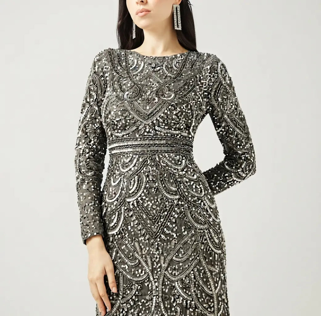 Boat Neck Sequin Maxi Dress